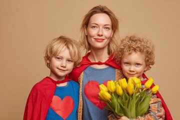 A mother with her children dressed in superhero costumes, celebrating Mother's Day. The blonde woman and her curly-haired blond boy child hold a bouquet of yellow tulips near the mother, who is isolat