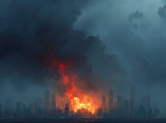 Obraz premium A city skyline in the background, with smoke and fire rising from the buildings and dark clouds overhead. In the foreground, an explosion engulfs part of one of the buildings. The scene conveys a sens