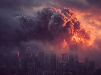 Fototapeta premium A city skyline in the background, with smoke and fire rising from the buildings and dark clouds overhead. In the foreground, an explosion engulfs part of one of the buildings. The scene conveys a sens