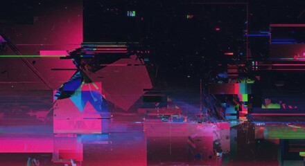 Abstract digital glitch art with vibrant pink blue and purple colors.
