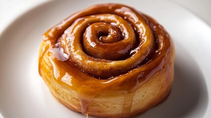 Fototapeta premium Golden Cinnamon Roll with Glaze on a White Plate