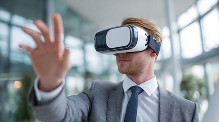 Businessman using virtual reality headset for presentation in modern office, technology and innovation in business.