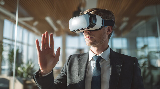 Businessman using virtual reality headset for presentation in modern office, technology and innovation in business.