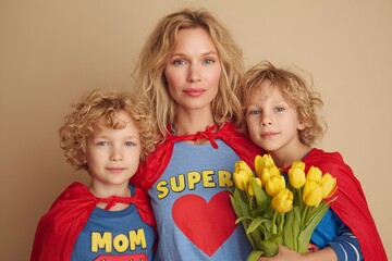A mother with her children dressed in superhero costumes, celebrating Mother's Day. The blonde woman and her curly-haired blond boy child hold a bouquet of yellow tulips near the mother, who is isolat