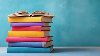 Stack of vibrant, colorful books with one open on top against a teal background, symbolizing knowledge, learning, and a love for reading. Education concept.