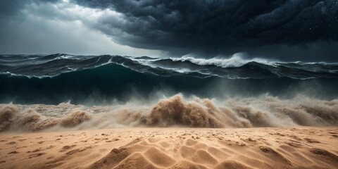 Dark storm clouds gather over fierce waves crashing onto sandy beach during coastal tempest