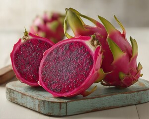 Two halves of a vibrant pink pitaya fruit on a teal cutting board.
