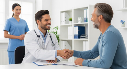 Friendly male doctor shaking hands with a smiling male patient in a modern clinic, with a female nurse standing in the background