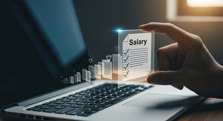 Salary Negotiation Concept: Hand Holding Digital Salary Checklist Over Laptop for HR, Finance, and Business Professionals Seeking Fair Compensation