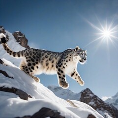 Obraz premium snow leopard running up a snowy mountain