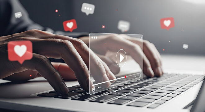 Engaging Video Content Creation: Hands Typing on Laptop with Streaming Interface and Social Media Likes, Perfect for Marketing and Advertising Campaigns