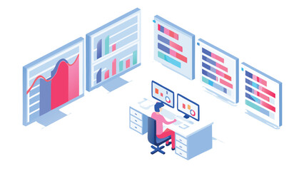 Isometric view of a person working with multiple data dashboards and charts on computer screens