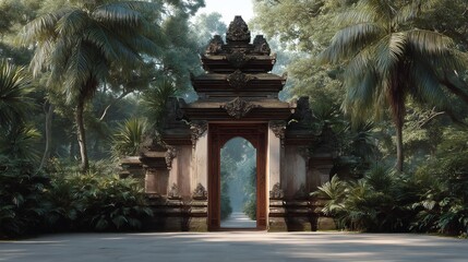 Fototapeta premium Majestic Balinese gate surrounded by lush tropical foliage a serene sanctuary