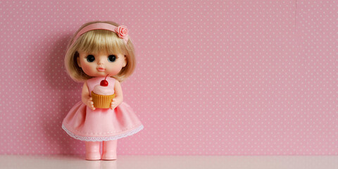 Fototapeta premium Cute blonde doll in pink dress holding a cupcake against a pink background