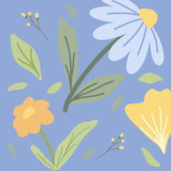 Seamless floral pattern with blue, yellow, and orange flowers on soft blue background. Perfect for fabric, wrapping paper, spring themes, and digital design.