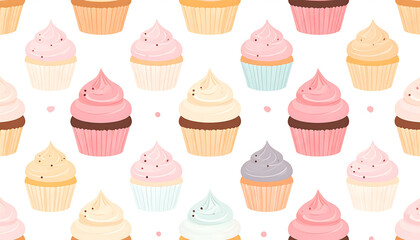 Seamless vector pattern of cupcakes in soft pastel color	