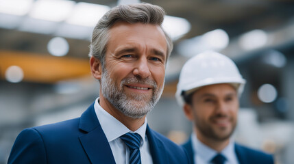 Seniors executives in navy and cobalt suits in a woodworking factory