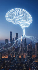 Brain-shaped circuit board emanating lines connecting to the city skyline at dusk