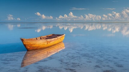 Golden rowboat adrift on calm waters reflecting the sky. A serene scene with soft light and tranquil ambiance. A beautiful day to be on the water.