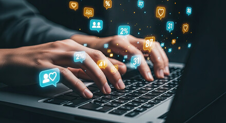 Engaging Social Media Strategy: Hands on Laptop with Notification Icons for Likes, Comments, and Shares, Driving Online Presence and Growth