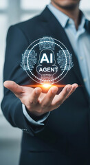 Businessman displaying artificial intelligence agent symbol representing technology and innovation in business