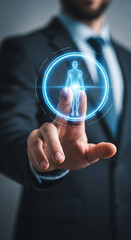 Businessman interacting with futuristic hologram representing human body and scientific advancements