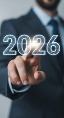 Businessman's finger touching 2026 digital technology future concept for business innovation