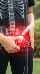Conceptual image representing hip pain and skeletal structure superimposed on the body of a person