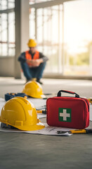 Construction site scene with yellow helmets first aid kit and safety gear in focus