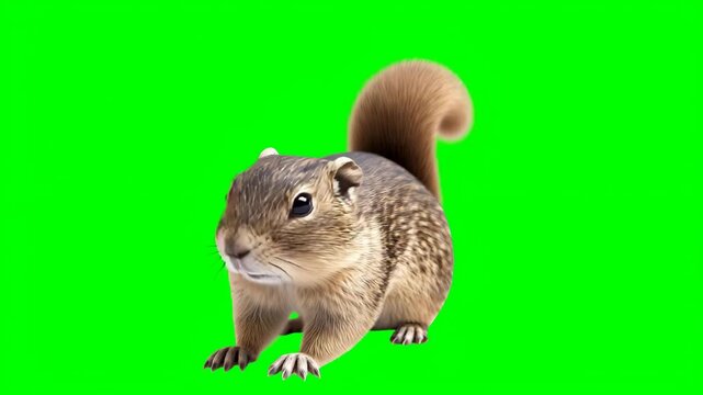 Ground squirrel freezes mid-alert with twitching tension (chroma key, green background)