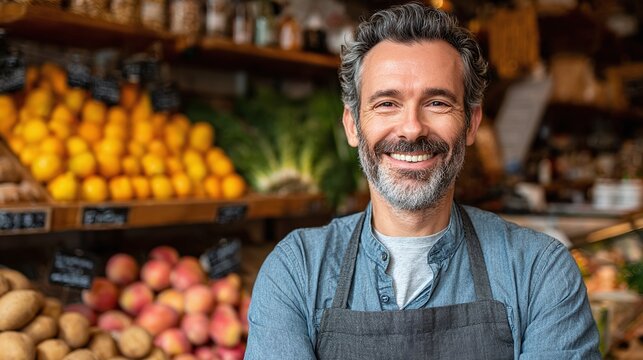 Friendly grocer with a warm smile standing in front of a vibrant display of produce. He's wearing an apron, ready to assist customers at his market.