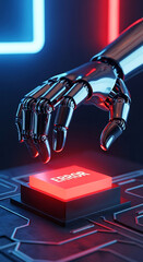 Futuristic robot hand approaching an illuminated error button concept of ai failure