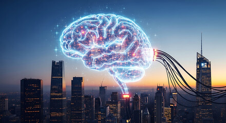 Futuristic concept of artificial intelligence brain connected to the modern city skyline