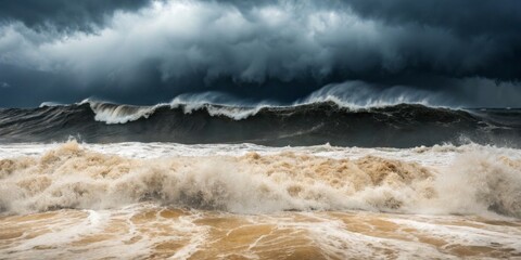 Powerful ocean waves crash onto the shore during an approaching storm near the coastline in late afternoon light