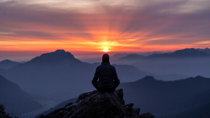 Person meditating on mountaintop watching a vibrant sunrise over misty mountains