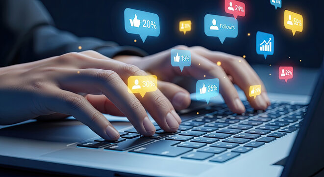 Social Media Engagement Growth: Hands Typing on Laptop with Social Media Notifications, Likes, Followers, and Analytics Data Visualizations Overlay