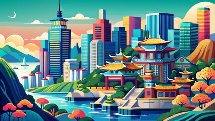 Busan, South Korea – Beaches, skyscrapers, and temples on cliff sides create a city of contrasts, perfect for a vibrant and layered vector illustration.