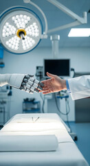 Medical professional and robotic hand meet in a futuristic operating room for collaboration