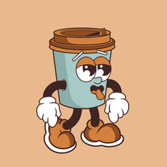 Retro character design of tired coffee cup