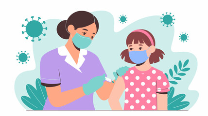 Obraz premium Minimalist Vector SVG Illustration of Girl Receiving Vaccine with Healthcare Worker in Flat Style Featuring Bright Colors and Symmetrical Composition