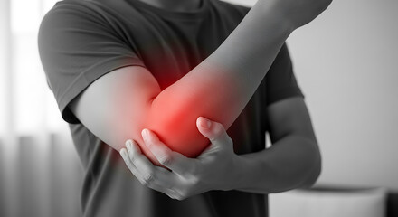 Person displaying elbow pain with red highlight illustrating medical condition and discomfort