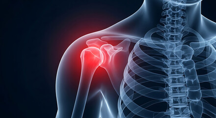 Medical illustration of shoulder pain highlighting skeletal anatomy and inflammation