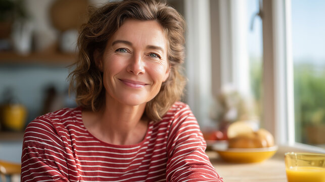 A woman enjoying breakfast by a sunlit window