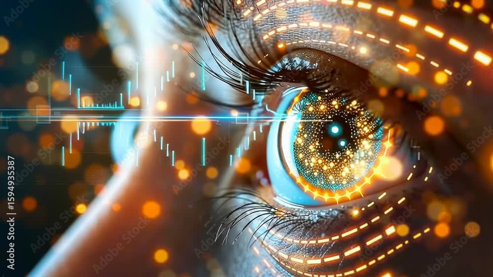 Poster closeup of a bionic eye with glowing circuits. concept of artificial intelligence integration.