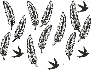 Pattern design featuring swallows and feathers in a whimsical and elegant style