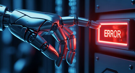 Robotic hand activating an error display depicting artificial intelligence malfunction