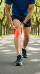 Runner experiencing knee pain during workout outdoors on a paved path with trees