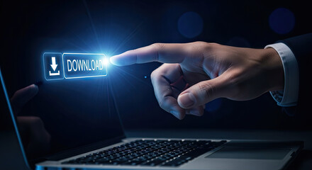 Downloading Data Concept: Businessman's Hand Presses Illuminated Download Button on Laptop, Digital Transformation and Technology, Modern Interface