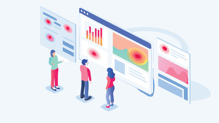 Isometric view of people analyzing data on multiple screens with charts and heatmaps displayed on them