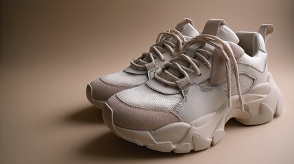 Stylish chunky sneakers on a neutral backdrop, perfect for athleisure looks. Neutral tones enhance versatile appeal.